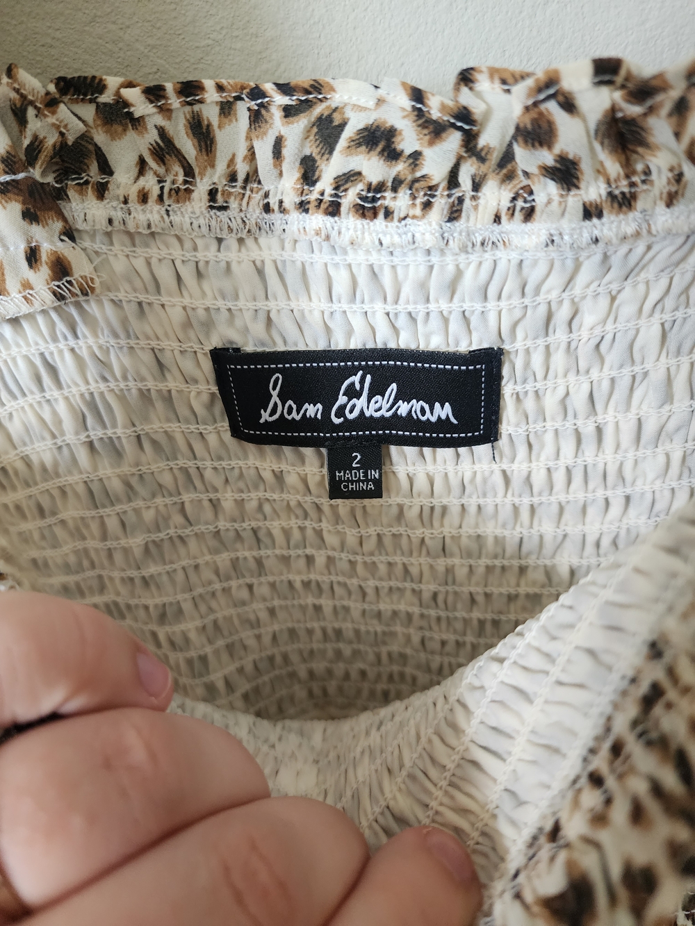 Sam Edelman Cream and Brown Leopard Print Smocked Dress - Picture 3 of 5